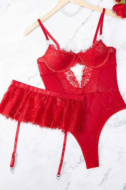 Red Lace Mesh Rhinestone Heart Bodysuit Garter Skirted Belt Sexy 2Pc Lingerie Set