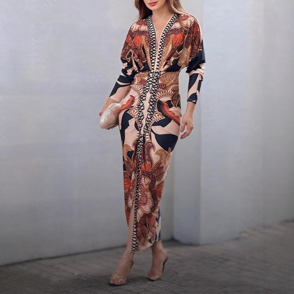 Lunavierre - Bedrucktes V-Ausschnitt Kleid mit Schlitz
