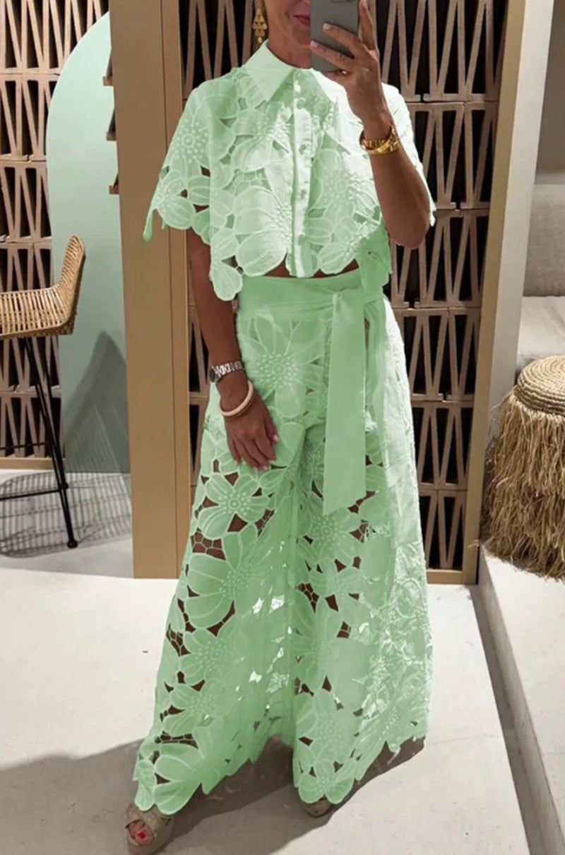 Women’s Lace Two-Piece Set – Floral Wide-Leg Pants & Crop Top