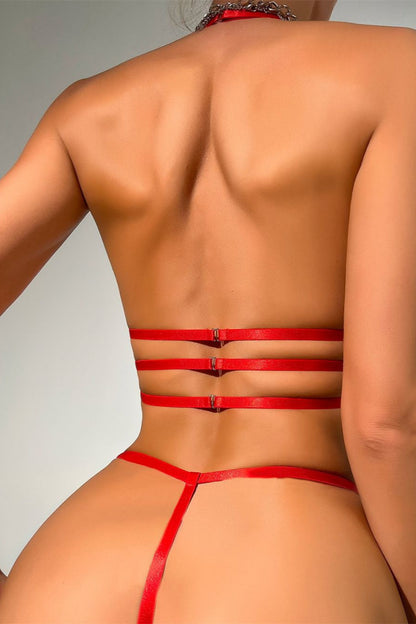 Robijnrode bh met strasshart, strappy jarretelgordel en string – sexy 2‑delige set