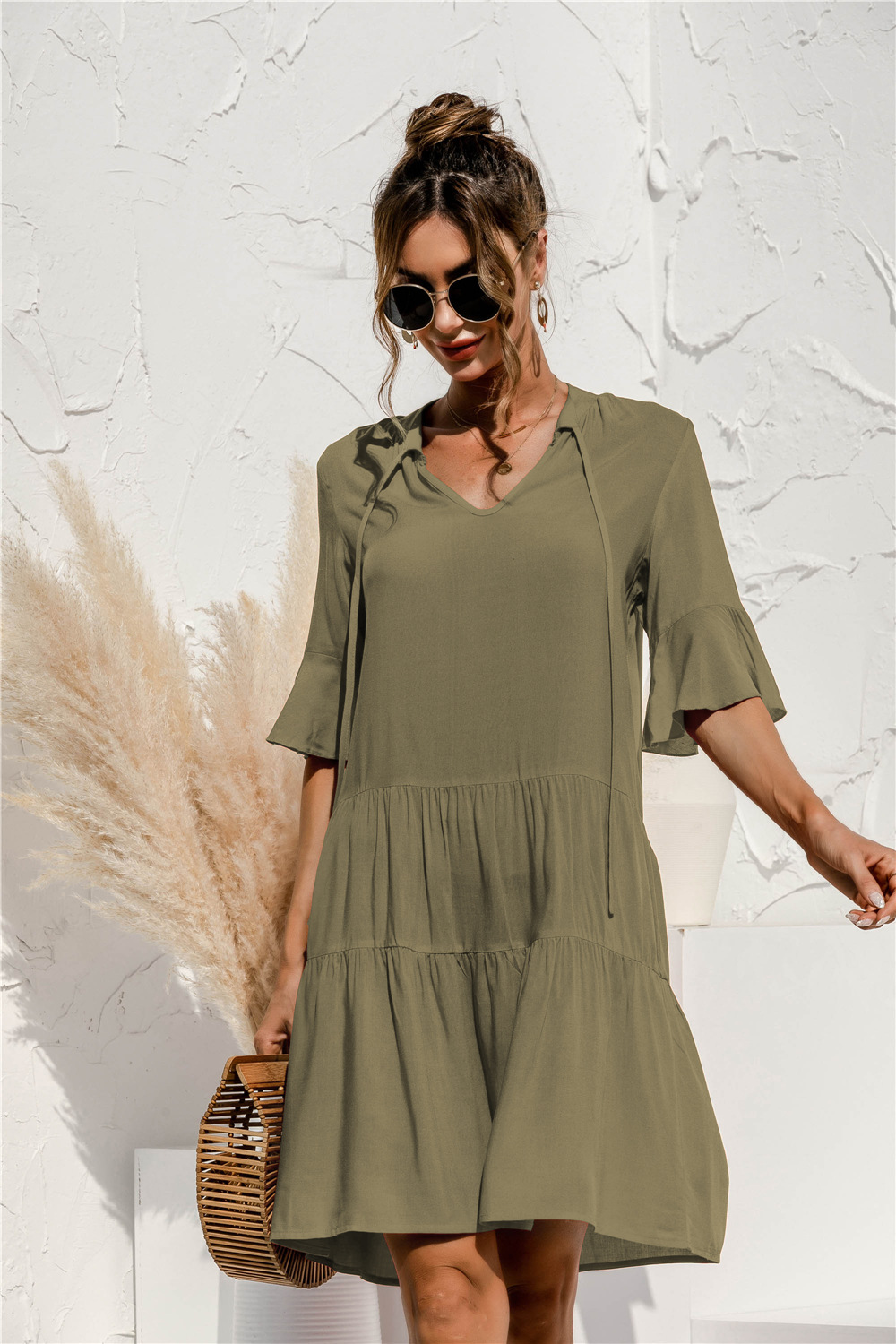 Robe Mini Femme à Col V – Style Été Taille Basse à Volants