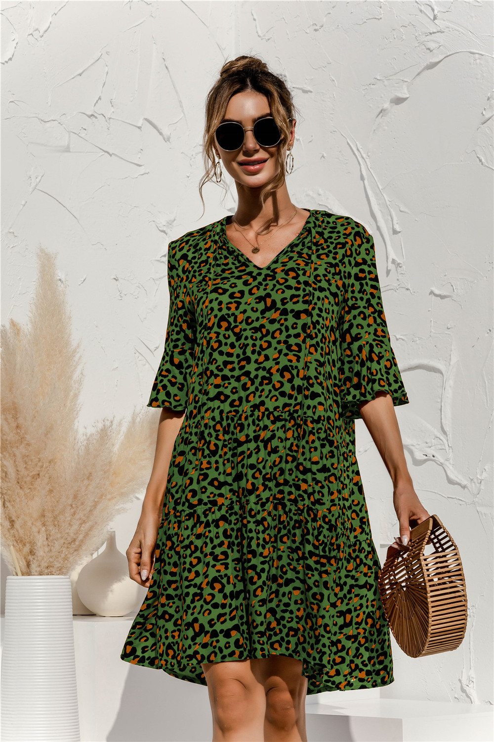 Robe Mini Femme à Col V – Style Été Taille Basse à Volants