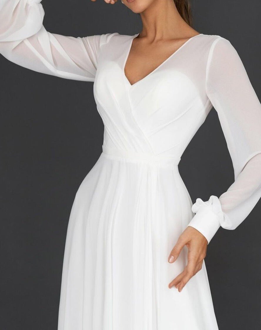 Serena | Long-Sleeve Chiffon Midi Dress | Elegant Flowing Design | White Occasion Dress