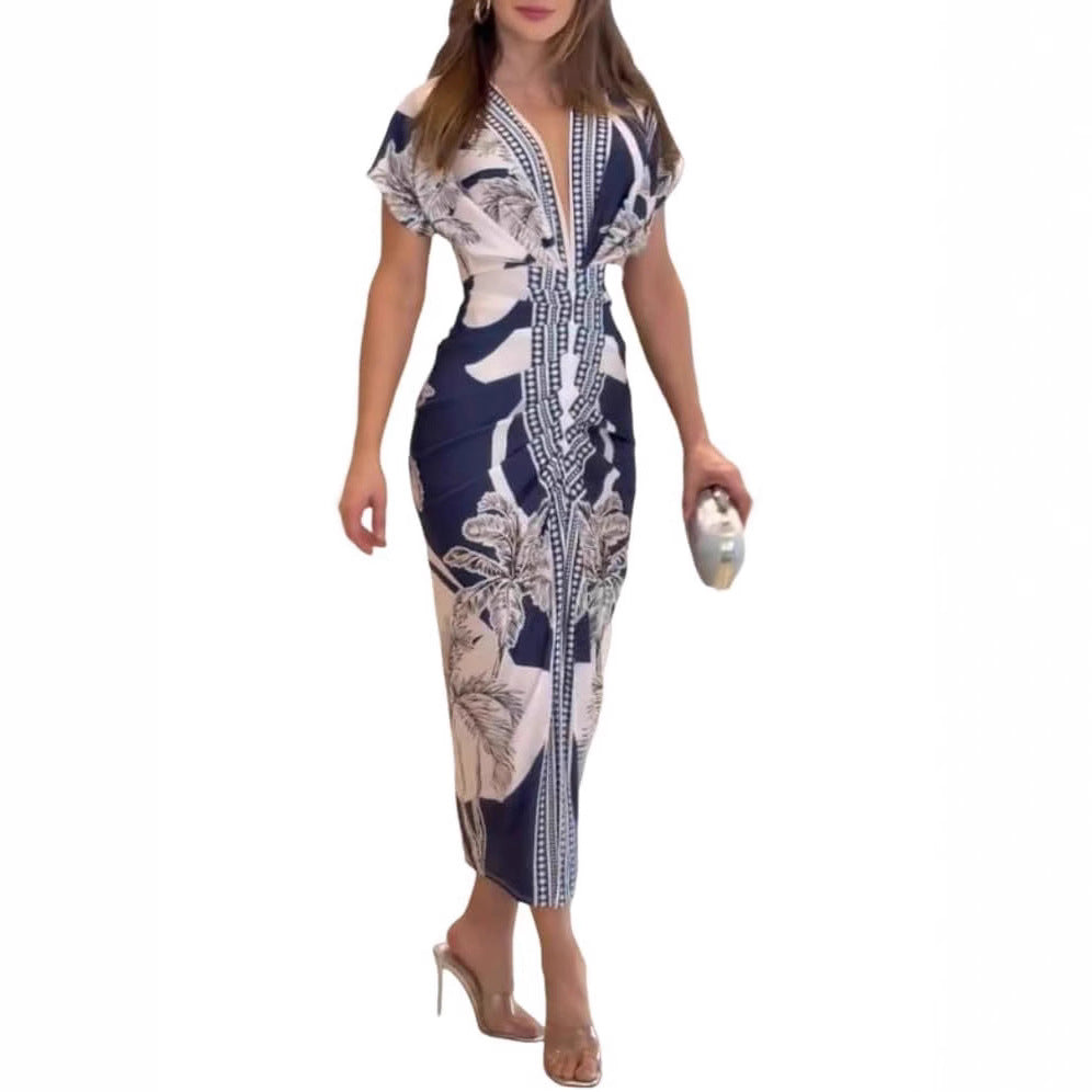 Lunavierre - Bedrucktes V-Ausschnitt Kleid mit Schlitz