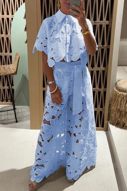 Women’s Lace Two-Piece Set – Floral Wide-Leg Pants & Crop Top