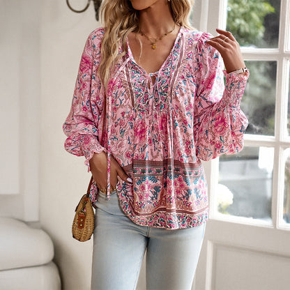 Women’s Floral Tie Front Blouse – Lightweight Breathable Comfortable Stylish Casual Long Sleeve Top