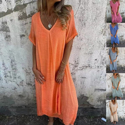 Robe femme ample coton lin col V manches courtes – décontractée été