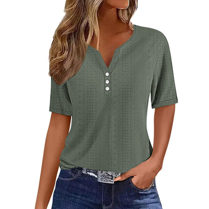 Laura – Korte Mouwen Blouse met V-Hals en Knopen Velani