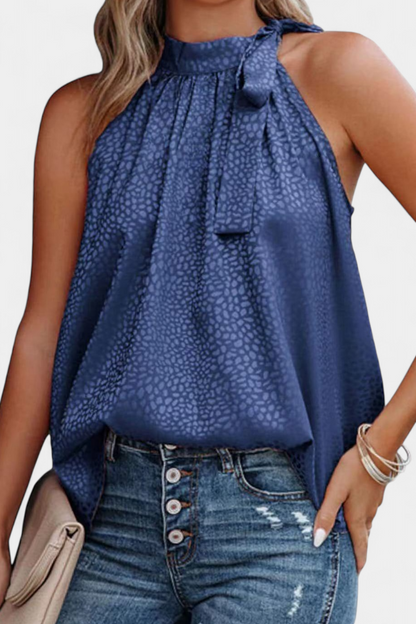 Adela Top sin Mangas de Leopardo con Cuello Alto y Lazo