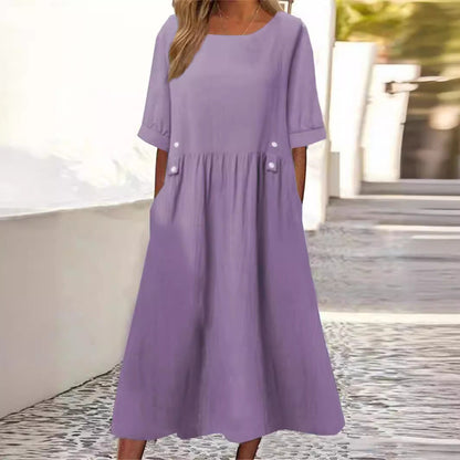 Robe Femme Ample Mi-Longue Col Rond Manches Courtes en Coton Lin pour Style Élégant et Confort Estival