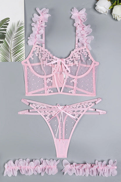 Pink Bustier Lingerie Set 3D Flowers Hearts Mesh dames