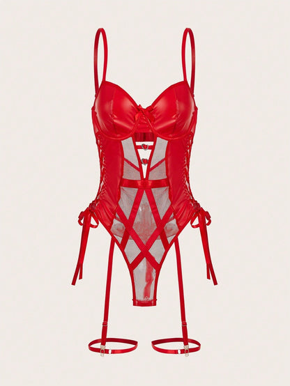 Red Faux Leather Mesh Bandage Hearts Thong Sexy Garter Lingerie Set