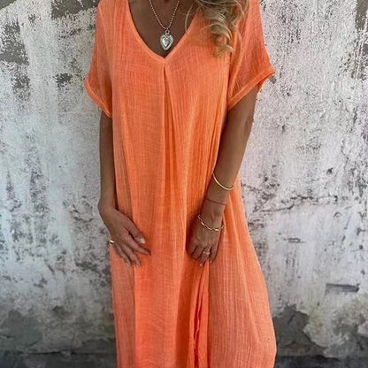 Robe femme ample coton lin col V manches courtes – décontractée été