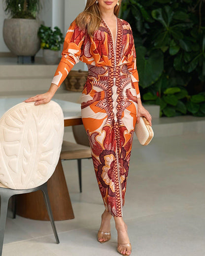Lunavierre - Bedrucktes V-Ausschnitt Kleid mit Schlitz