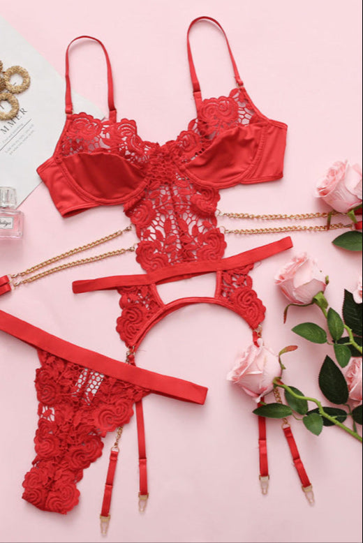 Red Lingerie Set Crochet Flower Chain Garter dames