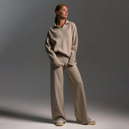 Eloise – Soft Comfortable Womens Lounge Set With Collar Wide Trousers