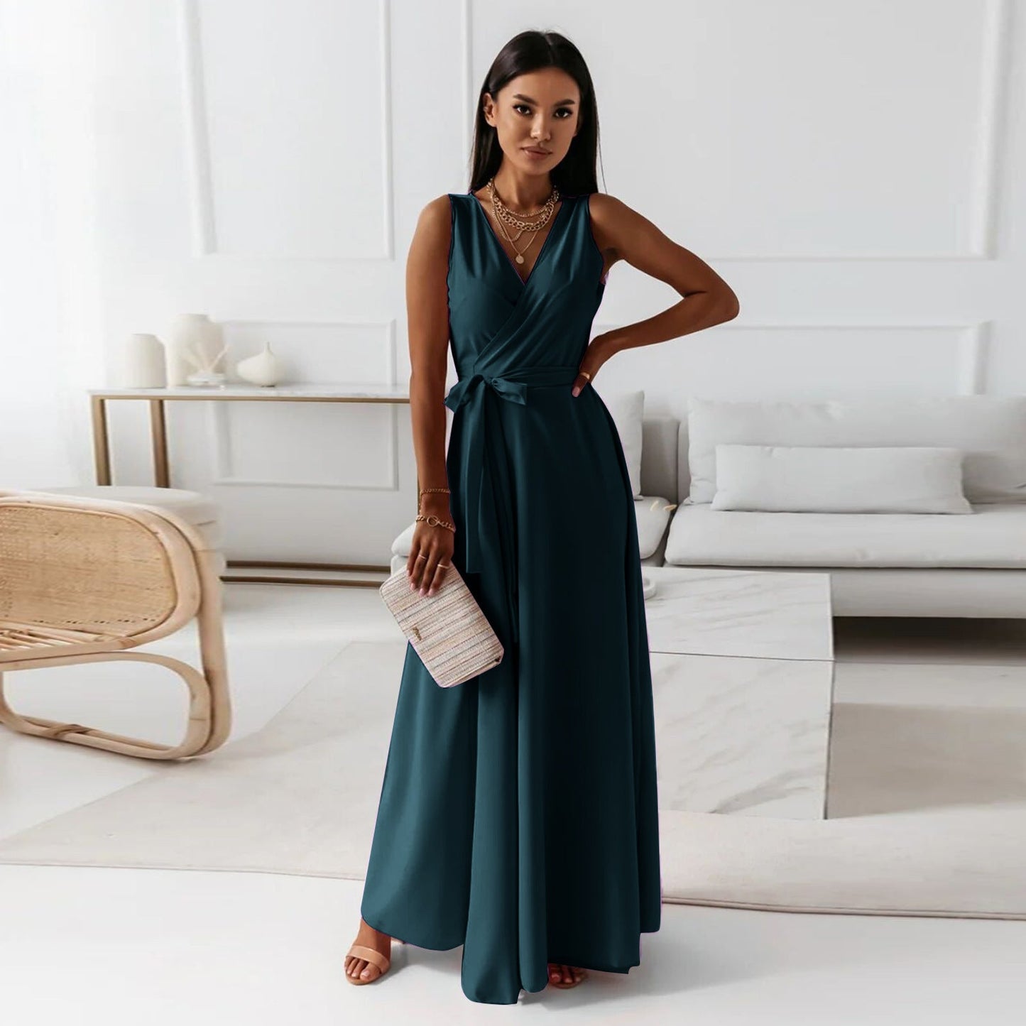 Damen Wickelkleid mit V-Ausschnitt | Maxi