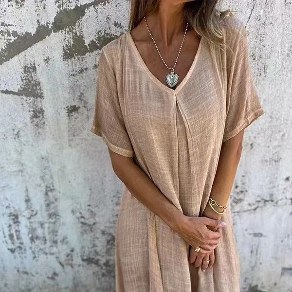 Robe femme ample coton lin col V manches courtes – décontractée été