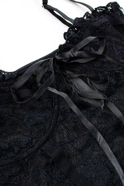 Black Lace Lingerie Set Ribbon Garters Thong dames