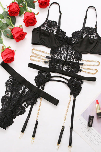 Black Lingerie Set Crochet Flower Chain Garter dames