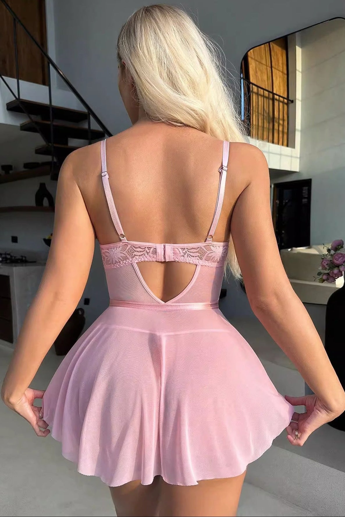 Pink Lace Babydoll Lingerie Set Mesh Thong dames