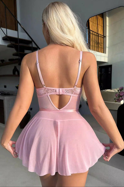 Pink Lace Babydoll Lingerie Set Mesh Thong dames