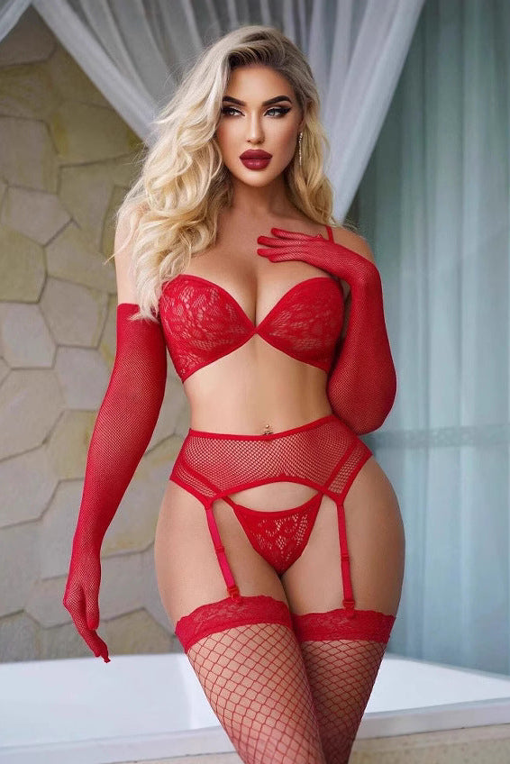 Red Lingerie Set Netted Thong Garters Stockings dames