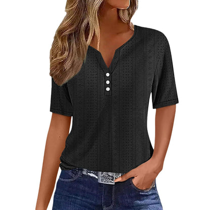 Laura – Korte Mouwen Blouse met V-Hals en Knopen Velani
