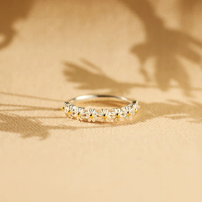 Floral Daisy Band Ring in Gold Tone with Enamel Petal Accents