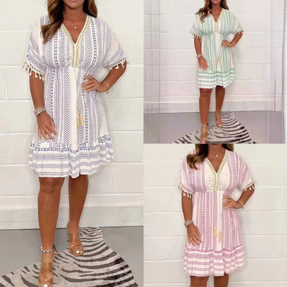 Women's Boho Print Mini Dress V-Neck Tassel Summer