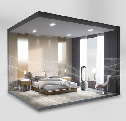 Chambre moderne avec lit double, purificateur d'air Dyson, fauteuil design, lampadaire, et grandes fenêtres. Décoration intérieure élégante et lumineuse.