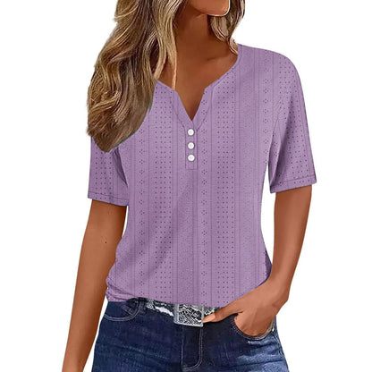 Laura – Korte Mouwen Blouse met V-Hals en Knopen Velani