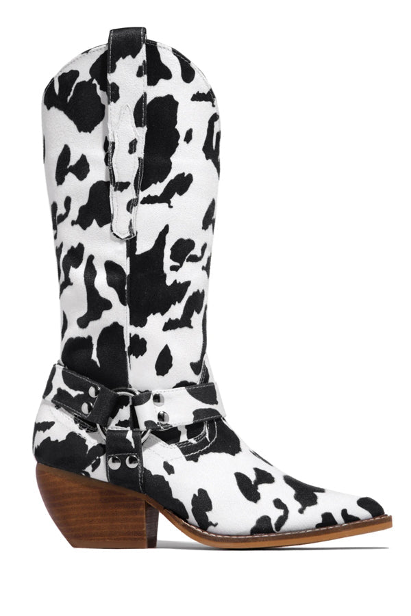 Leather Cow Print Western Boots Spring Fashion Harness Ankle Boots