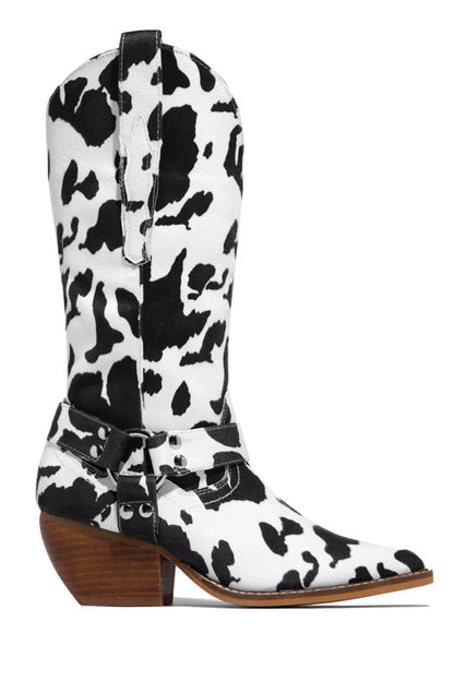 Leather Cow Print Western Boots Spring Fashion Harness Ankle Boots
