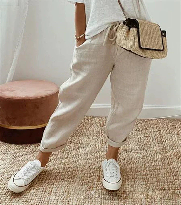 Sofie – Prodyšné Lněné Kalhoty, Casual a Stylové (Khaki)