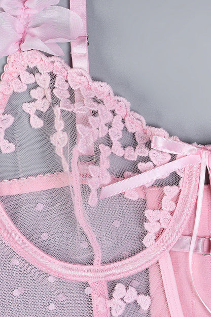 Pink Bustier Lingerie Set 3D Flowers Hearts Mesh dames