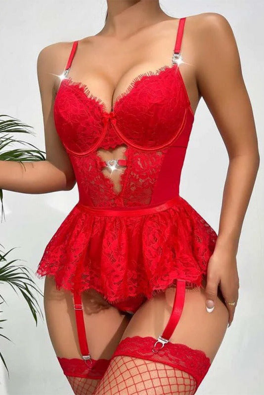 Red Lace Mesh Rhinestone Heart Bodysuit Garter Skirted Belt Sexy 2Pc Lingerie Set