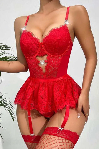 Red Lace Mesh Rhinestone Heart Bodysuit Garter Skirted Belt Sexy 2Pc Lingerie Set