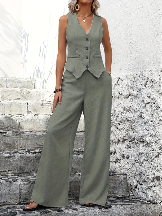 Elegant Two-Piece Suit with Vest and Wide Pants – Stylish Look for Everyday & Events