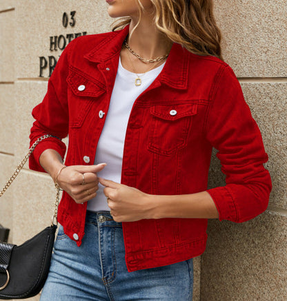 Women's Denim Jacket with Button Placket – Stylish Transitional Jacket for Everyday & Leisure