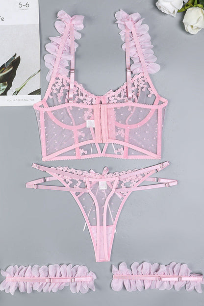 Pink Bustier Lingerie Set 3D Flowers Hearts Mesh dames