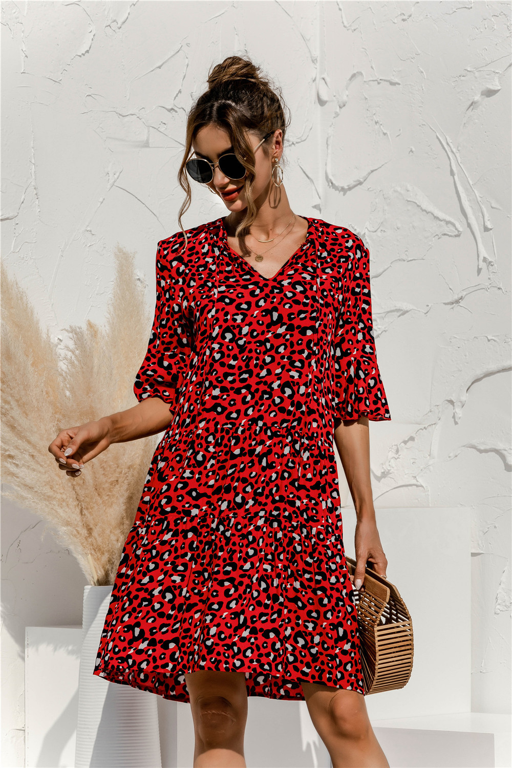 Robe Mini Femme à Col V – Style Été Taille Basse à Volants