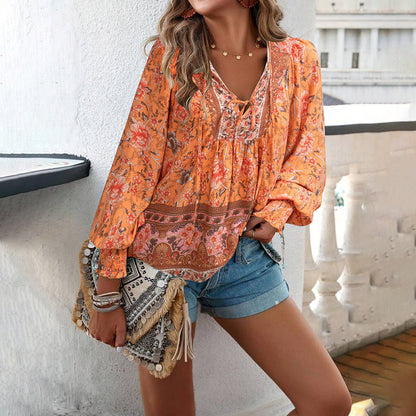Women’s Floral Tie Front Blouse – Lightweight Breathable Comfortable Stylish Casual Long Sleeve Top