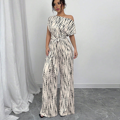 Women's Printed Wide Leg Jumpsuit One Shoulder Belted