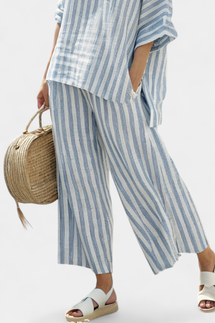 Women's Striped Casual Top & Wide Leg Pants Set
