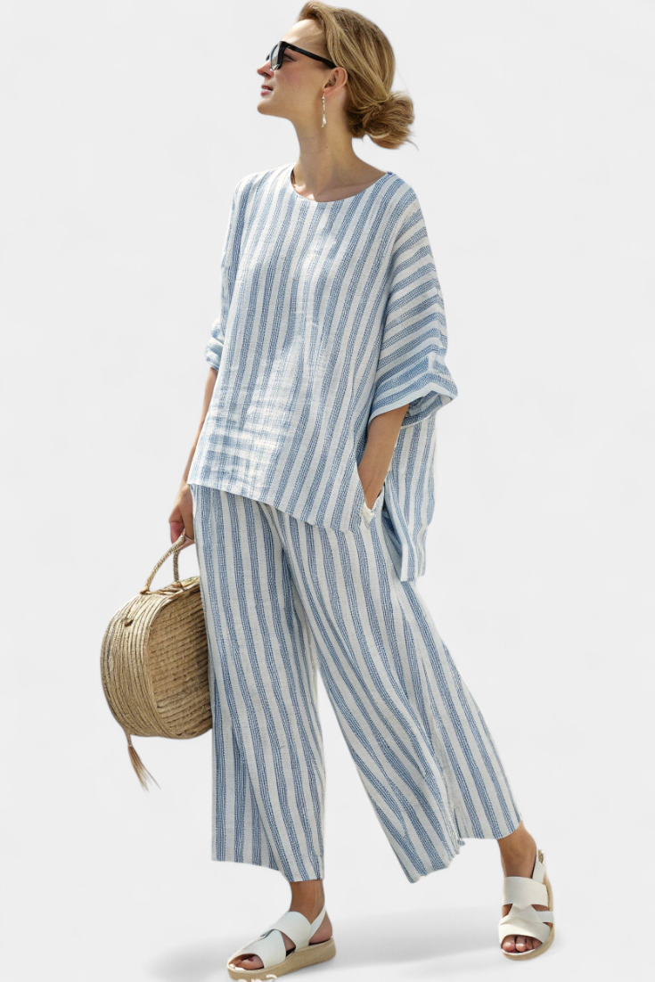 Women's Striped Casual Top & Wide Leg Pants Set