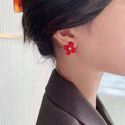 Women's Red Petal Elegant High-grade Round Face Earrings