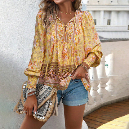 Women’s Floral Tie Front Blouse – Lightweight Breathable Comfortable Stylish Casual Long Sleeve Top