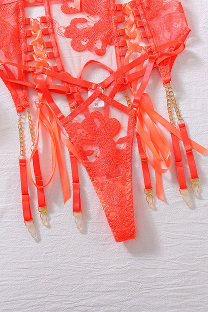 Orange Bustier Lingerie Set Lace Embroidery Garter dames