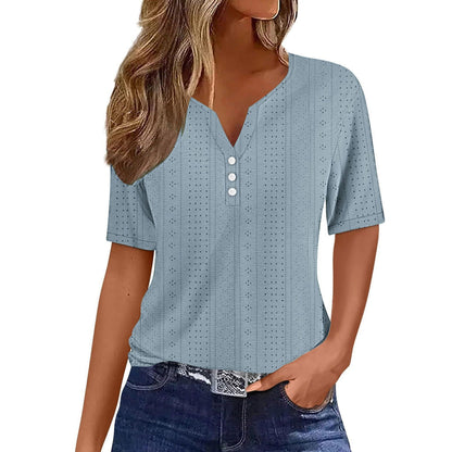 Laura – Korte Mouwen Blouse met V-Hals en Knopen Velani